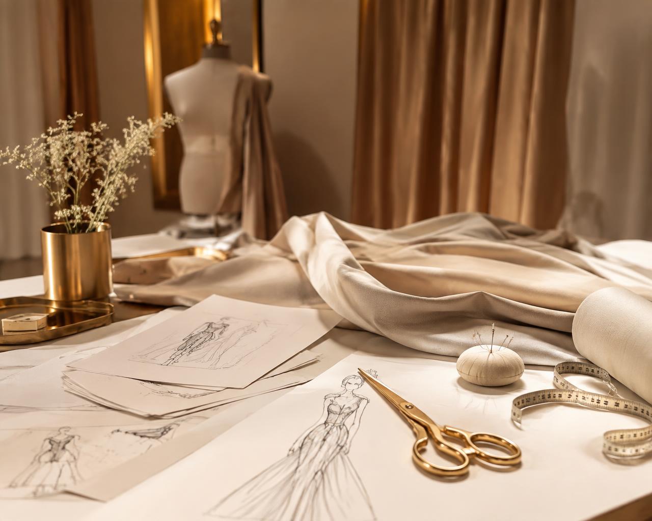 Atelier di moda con tessuti, bozzetti e strumenti sartoriali